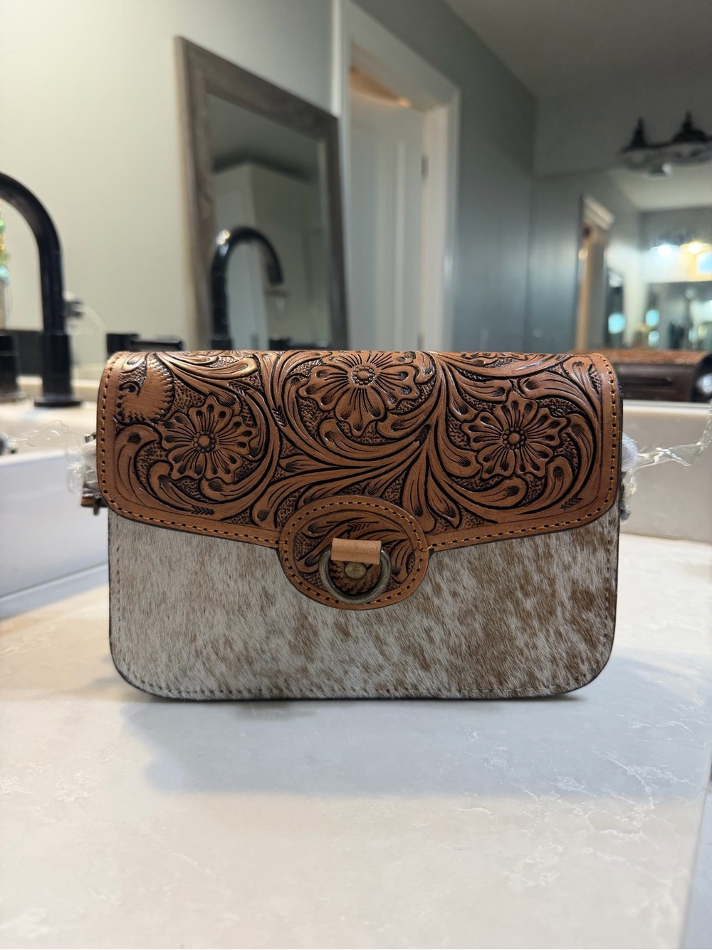 Tooled Leather & Haircalf Crossbody Bag in Brown and Cream